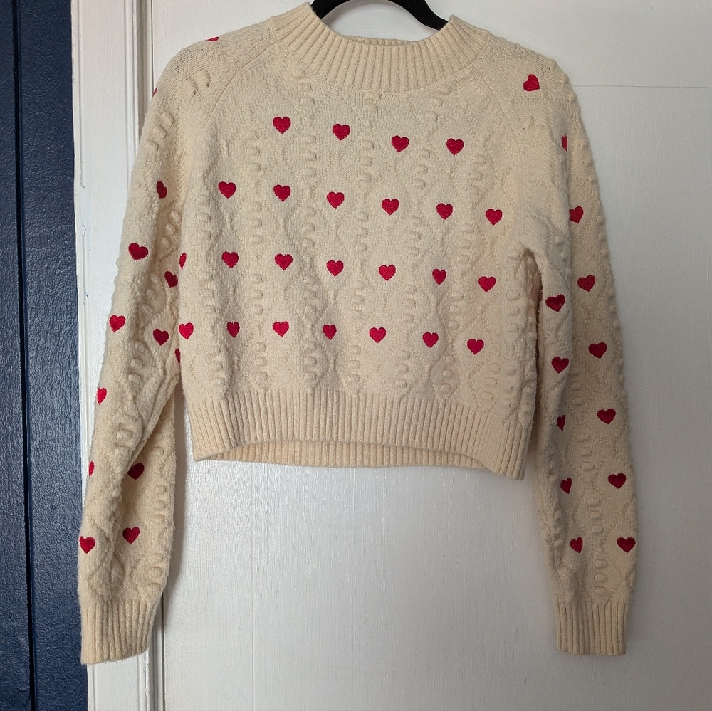 Cream Sweater with Red Heart Accents